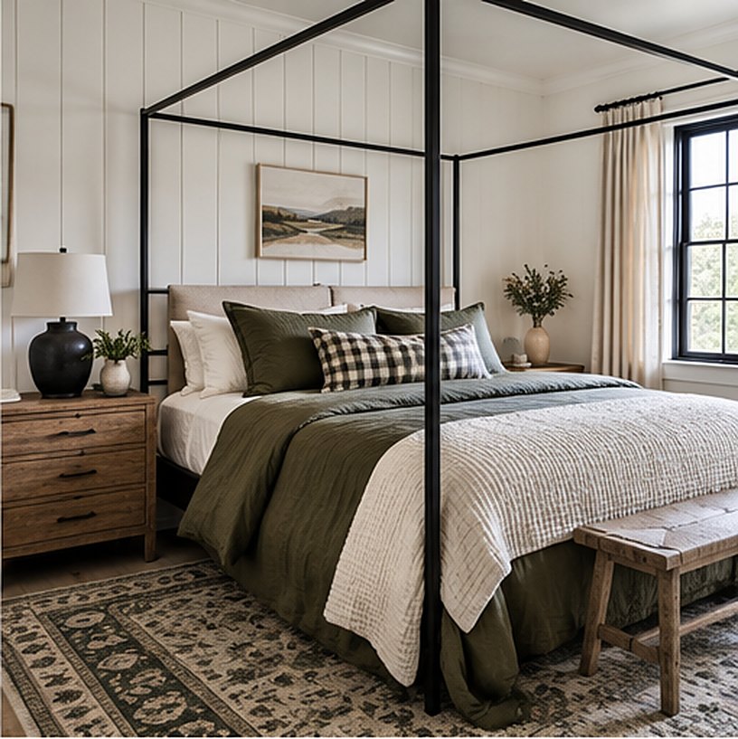 Modern farmhouse bedroom with a black metal canopy bed, olive linen duvet, cream waffle blanket, black and cream check pillow and a vintage patterned rug