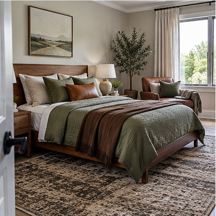 Warm bedroom with a wood bed, olive green quilted coverlet, chocolate brown throw, leather pillow and a cognac leather armchair in the corner