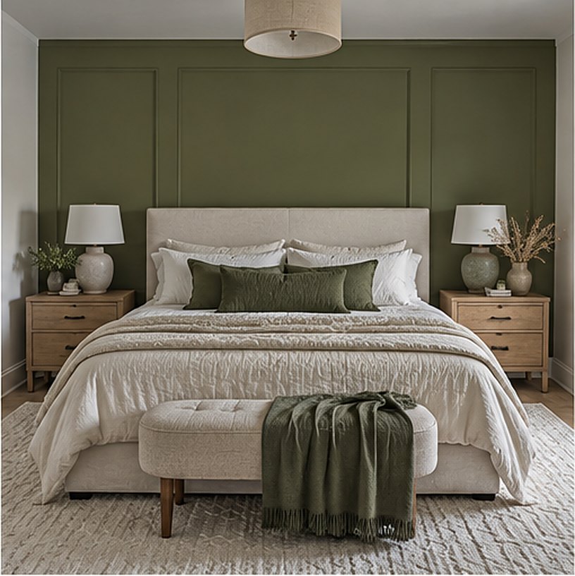 Bedroom with a soft olive green accent wall with picture-frame molding behind a cream upholstered bed, with white oak nightstands and cream lamps