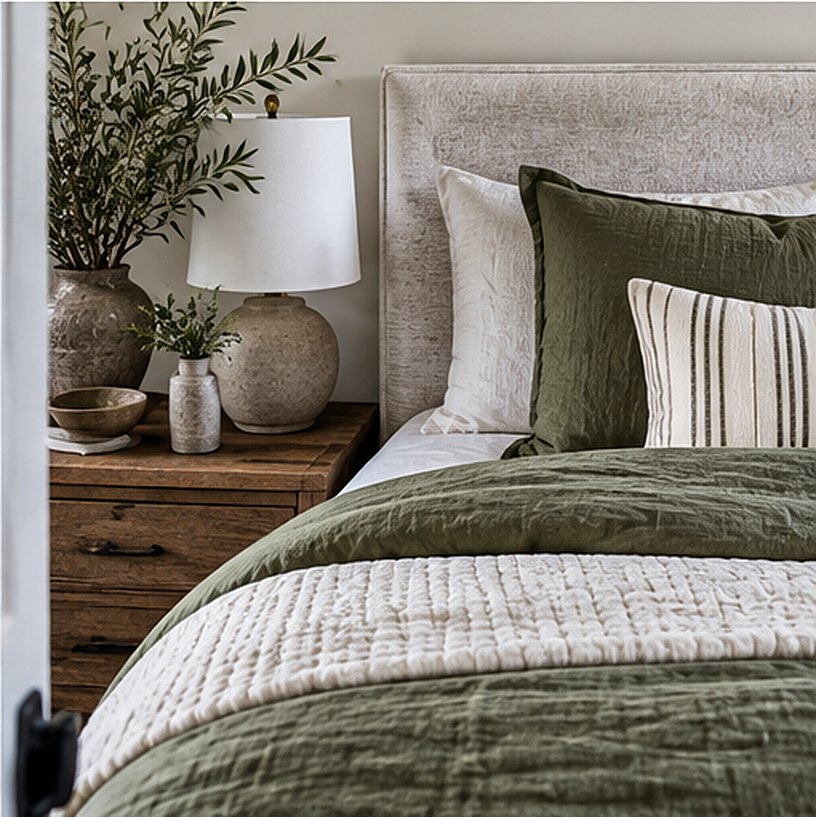 Close-up of the corner of a bed with an olive green linen duvet, a cream channel-quilted coverlet and olive and striped pillows beside an oak nightstand with a ceramic lamp