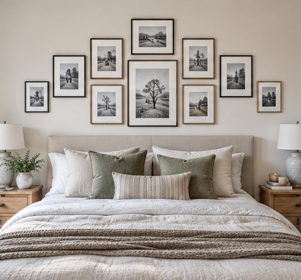 Symmetrical arrangement of black and oak framed black and white photos above an upholstered headboard, with a large center frame and smaller frames on each side, above cream and green bedding