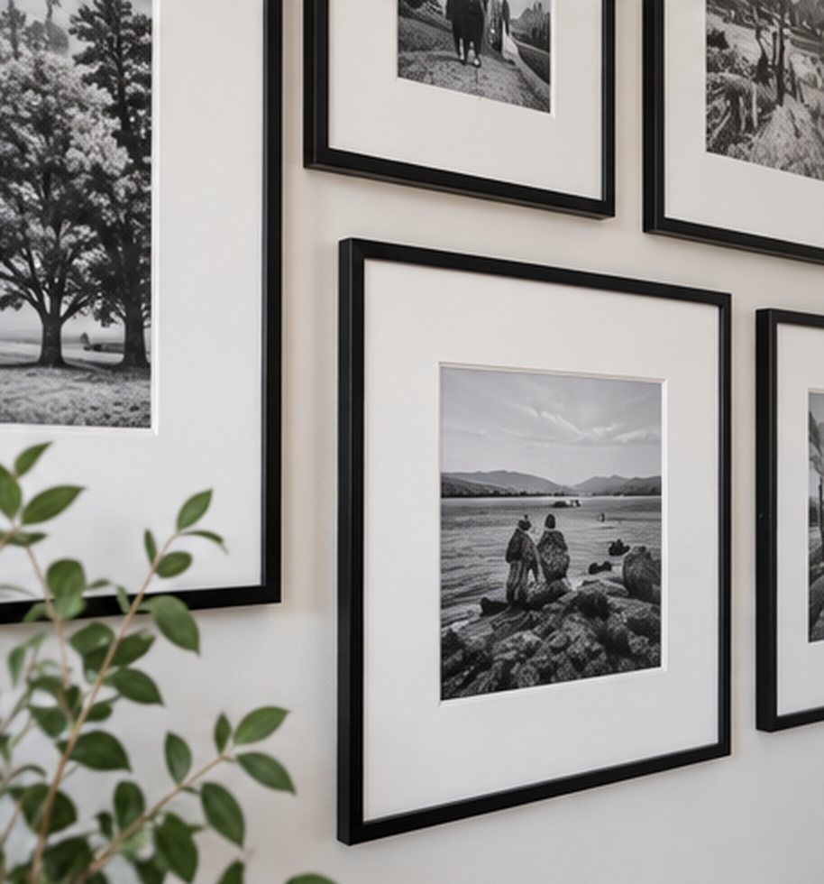 Close-up of black frames with white mats and black and white landscape photos hung with even gaps on a warm white wall