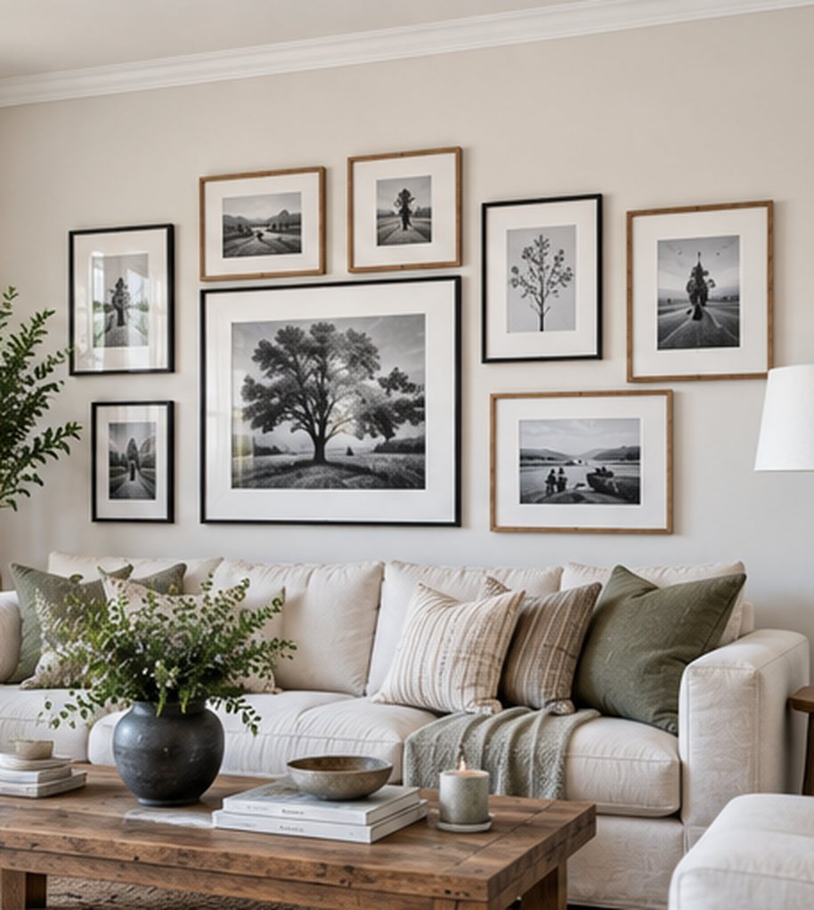 Living room gallery wall mixing tall and wide black and oak frames around one large landscape photo, above a cream sofa with a coffee table in front
