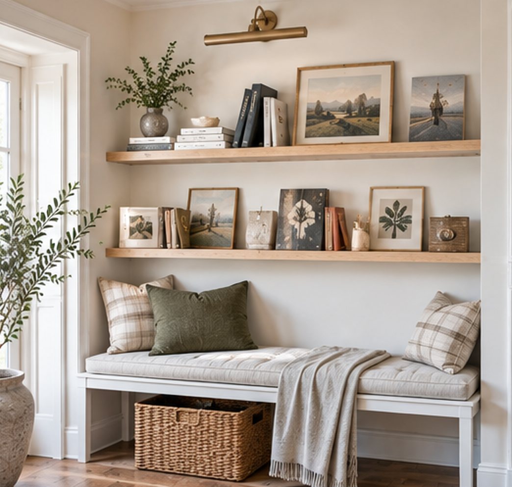 Two long oak picture ledges on a wall above a cushioned bench, holding books with covers facing out, small framed prints, a plant and a brass picture light above