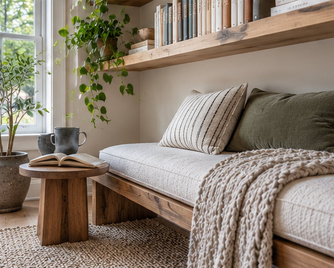 Low view of a long wood bench with a cream cushion, striped and olive green pillows and a chunky knit throw under corner shelves full of books, next to a small round wood side table with an open book and a mug