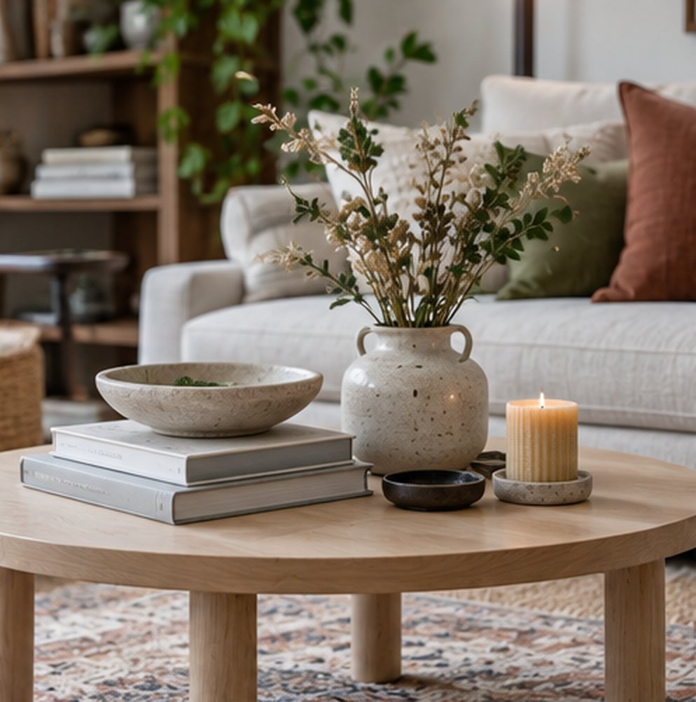 Close-up of a round light wood coffee table with a stack of books, a stone bowl, a speckled vase of dried flowers and greenery, a small black dish and a ribbed candle, with a cream sofa and rust and olive cushions behind