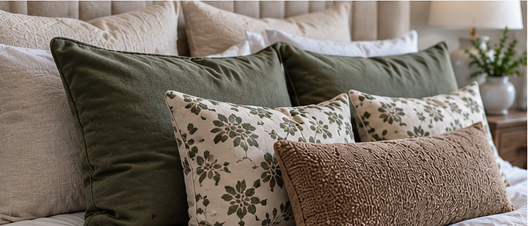 Close-up of layered bed pillows: sage green velvet shams, cream and green floral pillows and a textured tan lumbar pillow in front of cream shams