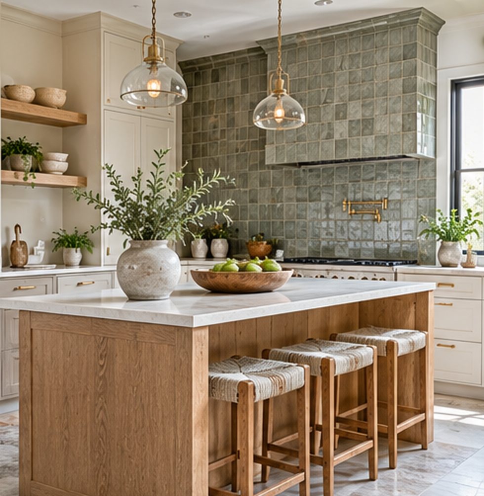 Warm kitchen with a wall of handmade sage green zellige tile behind the range, cream cabinets, open oak shelves and a solid oak island with a pale stone top and woven stools