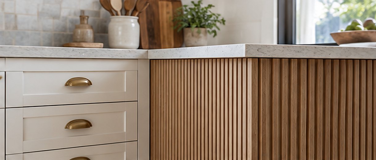 White shaker drawers with brass cup pulls meeting the side of a light oak fluted island under a white counter, with a wood cutting board and a potted plant behind