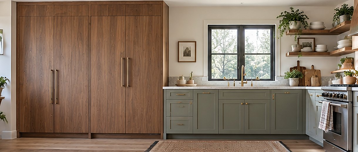 Tall flat walnut pantry cabinets with long bar pulls next to a run of sage green shaker cabinets, open wood shelves and a black framed window in a bright kitchen