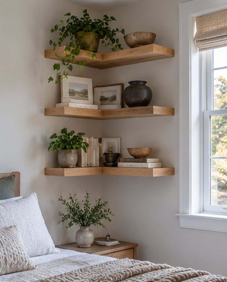 Small bedroom corner beside a window with three light oak floating shelves wrapping the corner, holding a trailing plant, a small framed print, a black vase, a short row of books and a bowl, above the end of a bed with white bedding