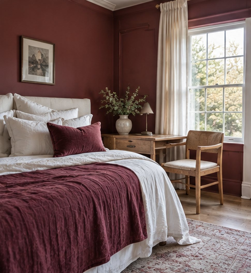 Small bedroom with burgundy walls, a white bed with a burgundy velvet throw and cushion, an oak desk used as a nightstand, a small lamp, a wooden chair and a tall window with sheer white curtains