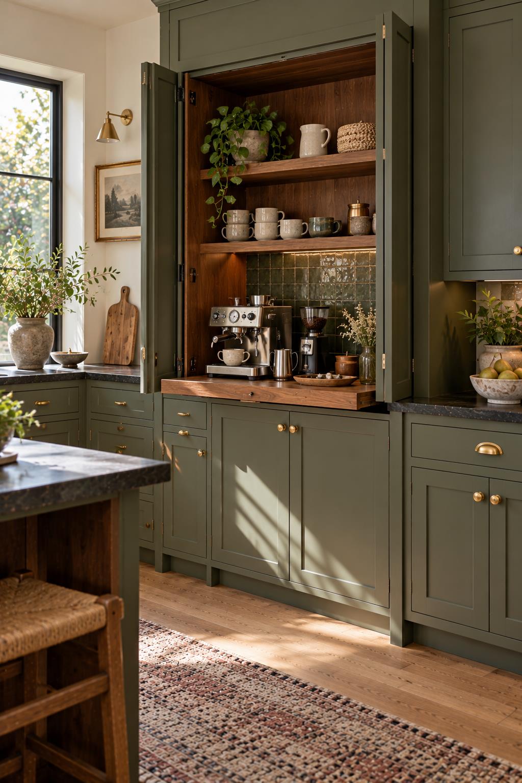 Small coffee bar on a walnut tray in the corner of a kitchen counter with an espresso machine, grinder, jar of beans and brown stoneware mugs on a mug tree
