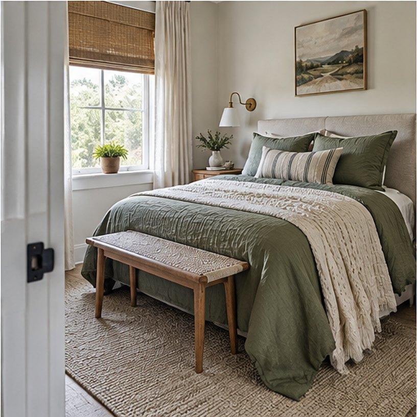 Small olive and cream bedroom with an olive linen duvet, cream knit throw, a wall-mounted sconce, a bamboo shade and a landscape print