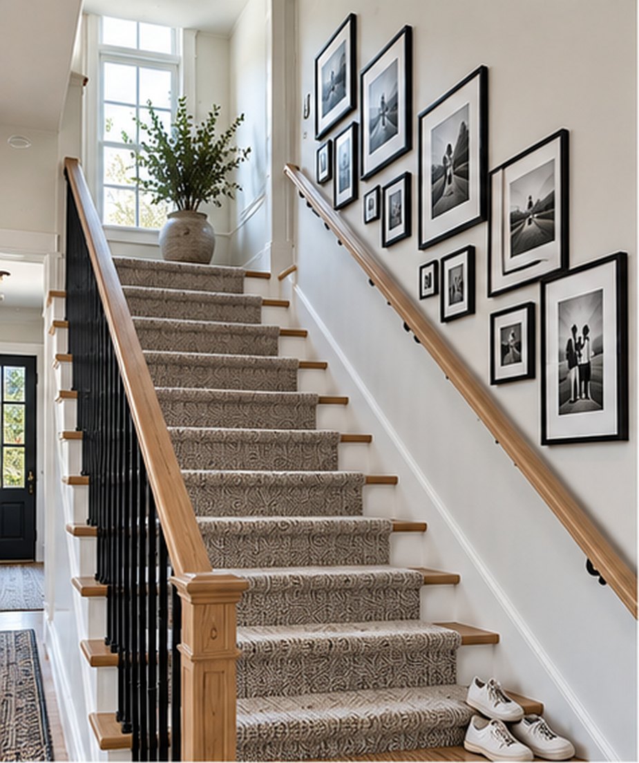 Stair wall with black frames and white mats arranged in a band that rises alongside a wall-mounted oak handrail
