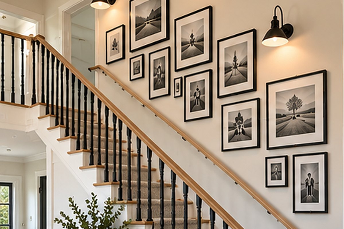 Stairway gallery wall of black and oak frames with white mats rising beside an oak handrail, with a black plug-in wall sconce at each end of the group