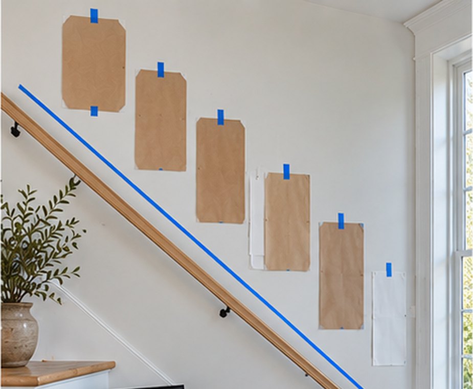Kraft paper templates taped to a stair wall in a stepped diagonal above a wall handrail, with a straight line of blue painter's tape running parallel to the rail