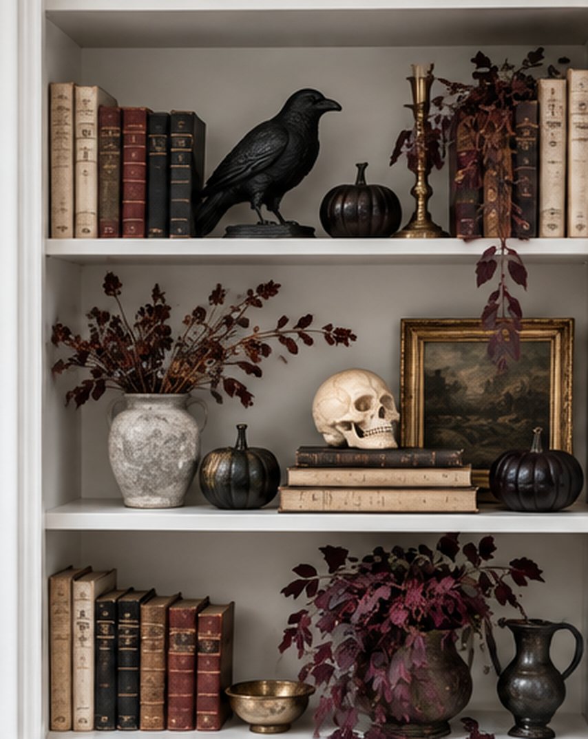 Built-in white bookshelf with old leather books, a black crow, a skull on a book stack, black pumpkins, a small gilt-framed painting and dark burgundy foliage in stoneware