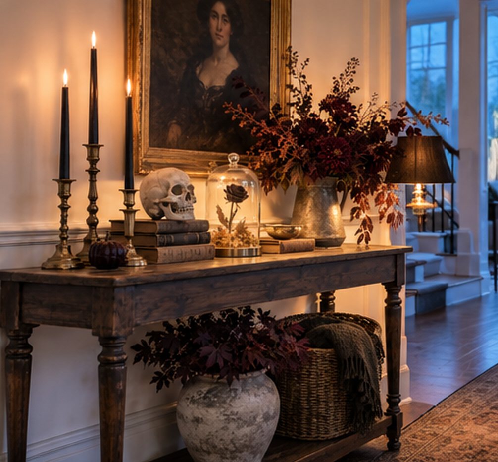 The same console table at dusk with the black taper candles lit, a small lamp glowing and blue light through the window beside it