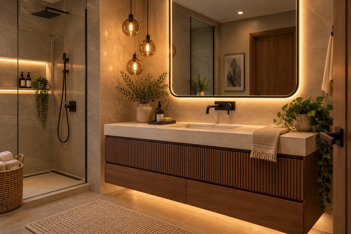 Walk-in shower with a low stone-look base, a lit horizontal niche with amber bottles and a trailing plant, beside a fluted walnut vanity