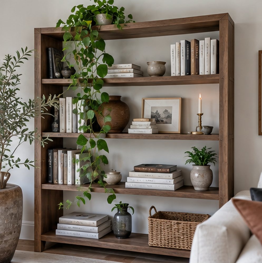 Walnut open bookshelf styled with books upright and stacked flat, pottery, a small framed print, a brass candlestick, a trailing pothos, a basket on the bottom shelf and an olive tree beside it