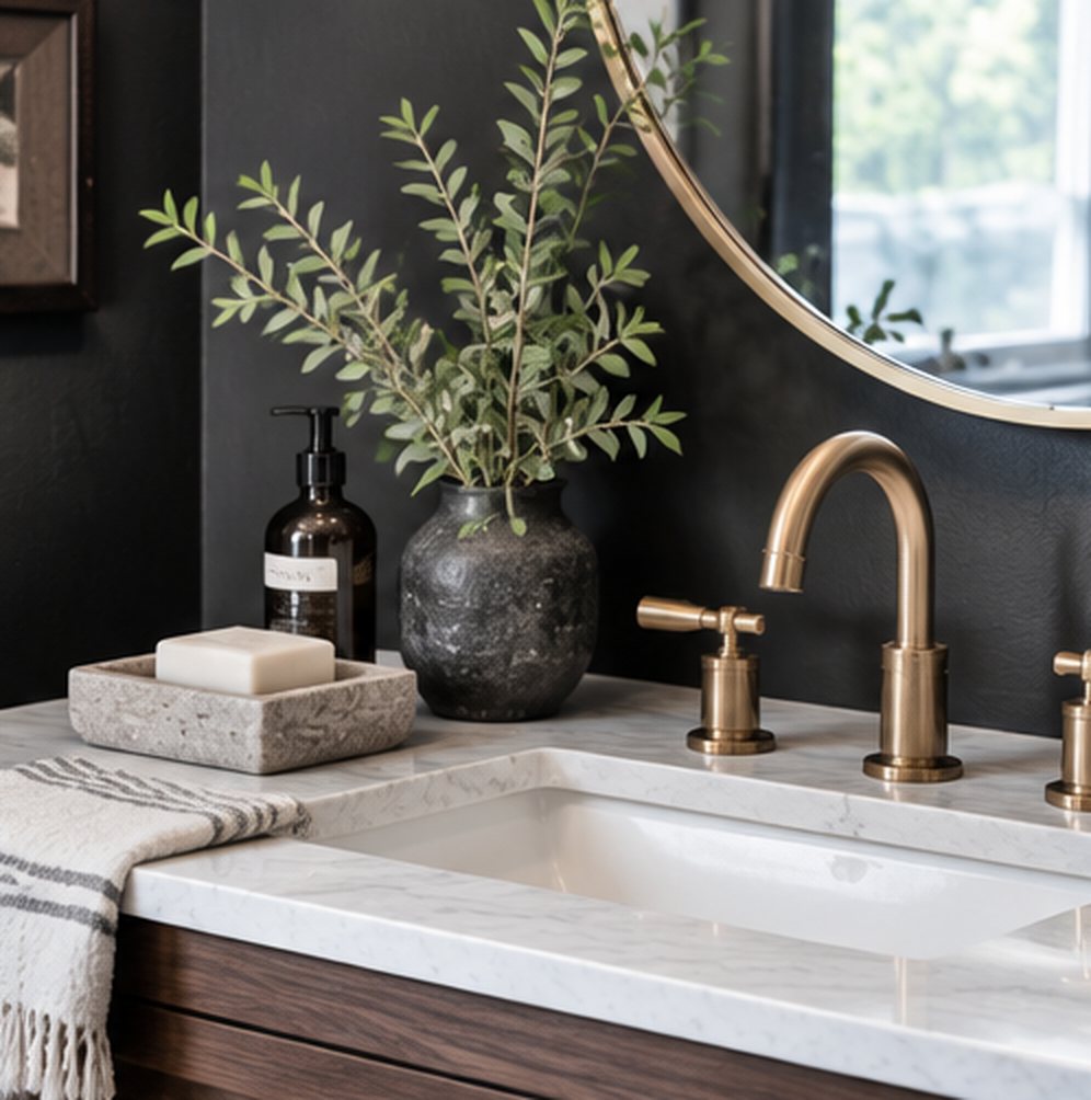 Close-up of a walnut vanity with a white marble top, a brushed brass tap, a stone soap dish, a bottle of soap, a dark stone vase of greenery and a striped towel against a near black wall