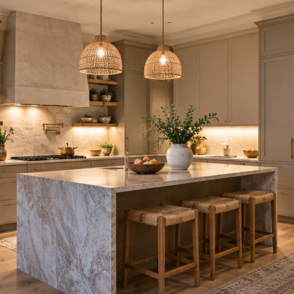 The same kitchen in the evening with woven rattan pendants glowing over the marble island and warm under-cabinet lights along the counter