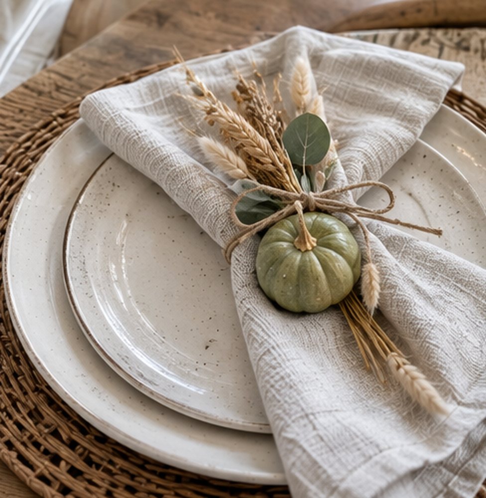 Close-up of a speckled cream plate on a woven placemat with a linen napkin tied with twine around dried wheat, eucalyptus and a small green pumpkin